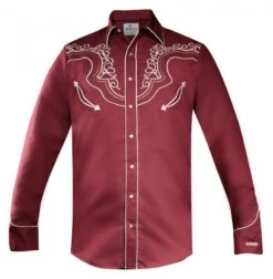Camisa Cowboy Para Hombre Ranger's Color Vino Con Bordado Beige