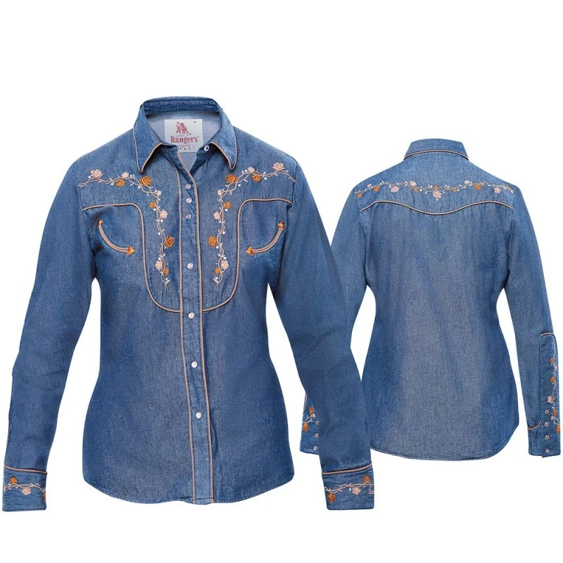 Camisa Vaquera Mujer Denim Ranger's Con Flores Bordadas Y Brillantes 3 Camisa Vaquera Mujer Denim Ranger's Con Flores Bordadas Y Brillantes - Imagen 3
