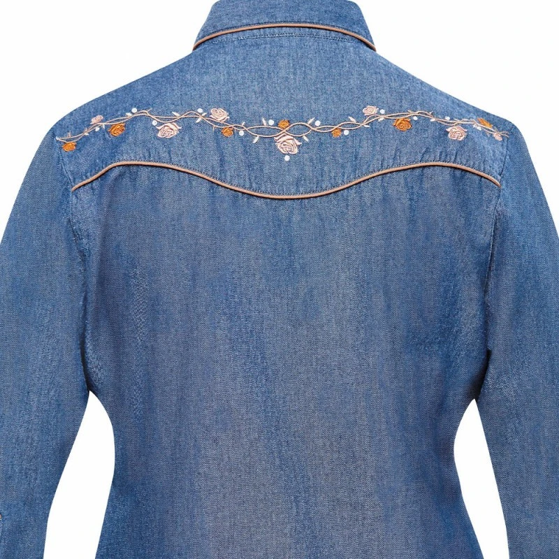 Camisa Vaquera Mujer Denim Ranger's Con Flores Bordadas Y Brillantes 2 Camisa Vaquera Mujer Denim Ranger's Con Flores Bordadas Y Brillantes - Imagen 2