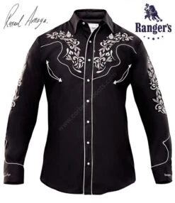Camisa Negra Ranger's Colección Rafael Amaya Bordado Floral Mangas