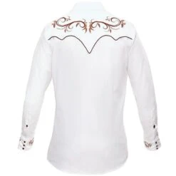 Camisa Blanca Para Hombre Con Bordado Floral Marrón Cowboy