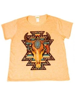 Camiseta Country Mujer Color Naranja Mosaico Calavera De Vaca