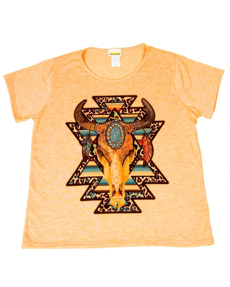 Camiseta Country Mujer Color Naranja Mosaico Calavera De Vaca