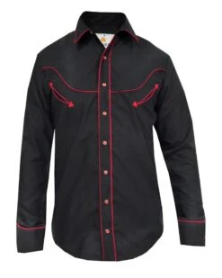 Camisa Western Negra Ranger's Con Ribetes Y Botones Rojos
