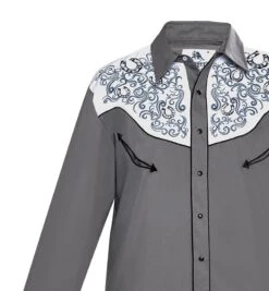 Camisa Cowboy Doble Tono Gris Y Blanco Con Recamado Azul Y Herraduras