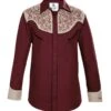 Camisa Mexicana Estilo Rodeo Para Hombre Color Vino Con Bordado Herraduras