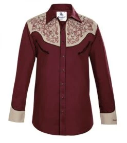 Camisa Mexicana Estilo Rodeo Para Hombre Color Vino Con Bordado Herraduras