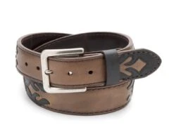 Cinturón Vaquero Cuero Marrón Engrasado Con Diseño Charro En Negro Y Bordados