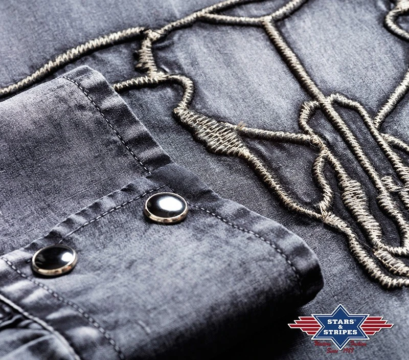 Camisa Western Tejido Jeans Para Hombre Con Calavera De Vaca Bordada 2 Camisa Western Tejido Jeans Para Hombre Con Calavera De Vaca Bordada - Imagen 2