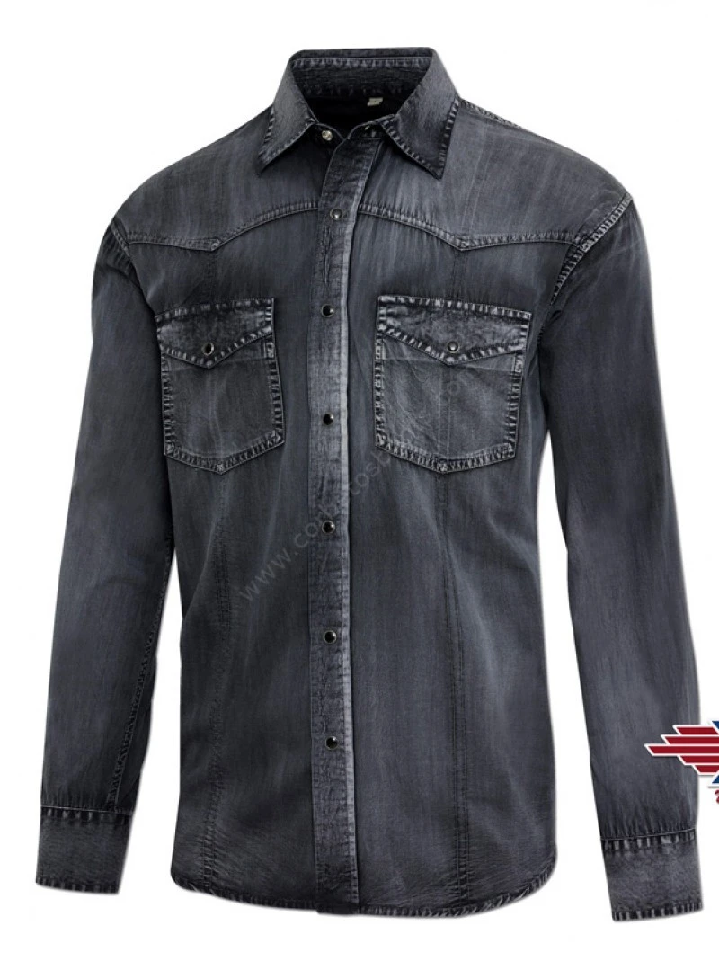 Camisa Western Tejido Jeans Para Hombre Con Calavera De Vaca Bordada 4 Camisa Western Tejido Jeans Para Hombre Con Calavera De Vaca Bordada - Imagen 4