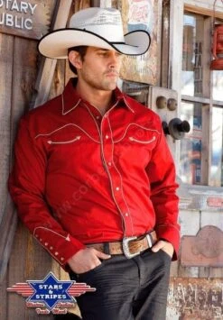 Camisa Lisa Roja Para Hombre Estilo Western Y Rocker Con Vivos Claros