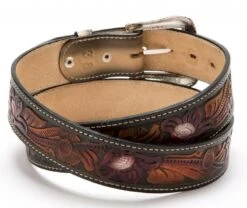 Cinto De Cuero Grabado Multicolor Con Filigranas Florales Estilo Vaquero