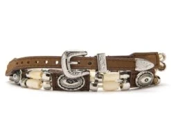 Cinta De Cuero Marrón Para Sombrero Western Con Cuentas De Hueso Tallado Y Conchos