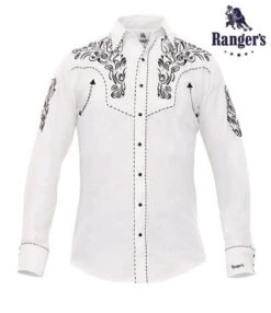 Camisa Cowboy Blanca Con Bordado Negro Ranger's Para Hombre -Oeste Vaqueros Tienda 73 011CA01 Blanco