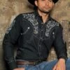 Camisa Ranger's Vaquera Para Hombre Negra Con Recamado Blanco