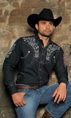 Camisa Ranger's Vaquera Para Hombre Negra Con Recamado Blanco