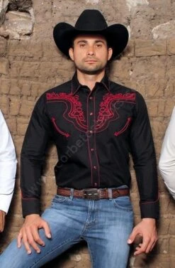 Camisa Negra Con Bordados Rojos Estilo Charro Ranger's Para Hombre -Oeste Vaqueros Tienda 73 012CA01 Negro
