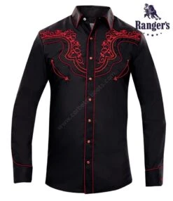 Camisa Negra Con Bordados Rojos Estilo Charro Ranger's Para Hombre