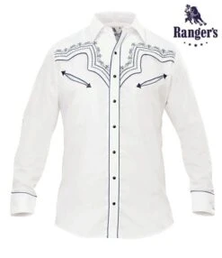 Camisa Vaquera Para Hombre Ranger's Color Blanco Con Bordado Azul