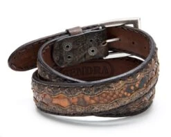 Cinturón Cowboy Sendra Doble Capa Cuero Vintage Marrón Con Piel Pitón Coñac