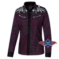 Camisa A Cuadros Country Para Mujer Color Granate Con Canesú En Denim Negro Lavado