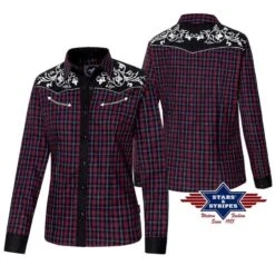 Camisa A Cuadros Country Para Mujer Color Granate Con Canesú En Denim Negro Lavado -Oeste Vaqueros Tienda Abby rot 4 web