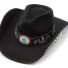 Sombrero Fieltro Negro Bordado Azul Turquesa Y Chapa Floral Decorativa