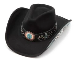 Sombrero Fieltro Negro Bordado Azul Turquesa Y Chapa Floral Decorativa