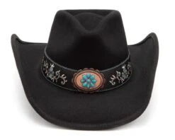 Sombrero Fieltro Negro Bordado Azul Turquesa Y Chapa Floral Decorativa -Oeste Vaqueros Tienda All For Good 2