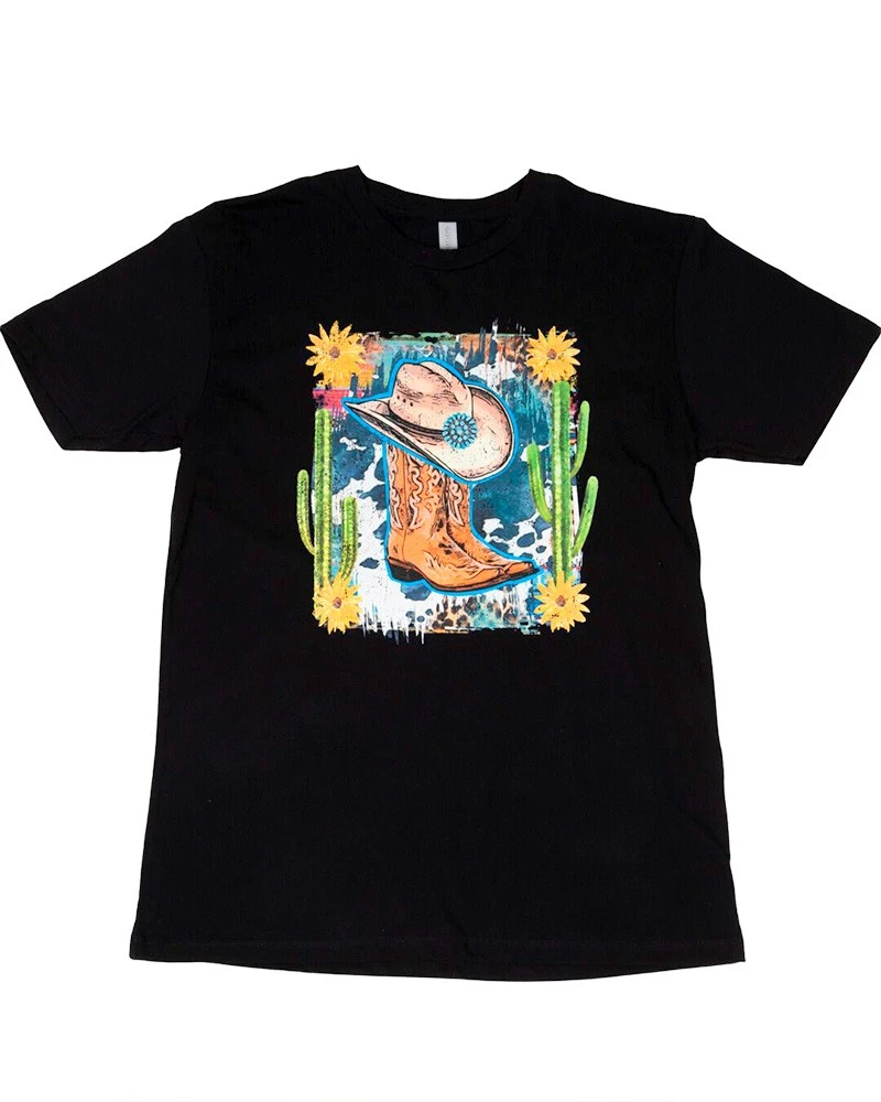 Camiseta Vaquera Negra Unisex Botas Y Sombrero Efecto Pintura