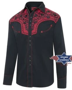 Camisa Charra Mexicana Para Hombre Stars & Stripes Con Canesú Rojo Y Flores Negras -Oeste Vaqueros Tienda BROOKS 1