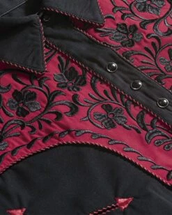 Camisa Charra Mexicana Para Hombre Stars & Stripes Con Canesú Rojo Y Flores Negras -Oeste Vaqueros Tienda BROOKS 3