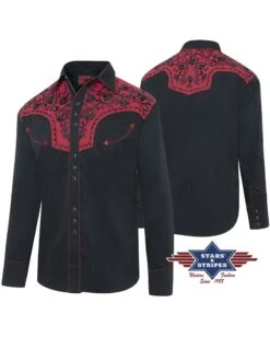 Camisa Charra Mexicana Para Hombre Stars & Stripes Con Canesú Rojo Y Flores Negras
