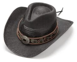 Sombrero Paja Negra Calada Cinta De Cuero Bordada Y Concho Decorativo -Oeste Vaqueros Tienda Brenda