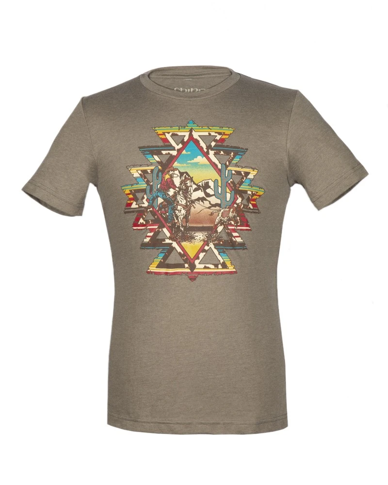 Camiseta Estilo Cowboy Color Caqui Enlazador Vaquero A Caballo Y Mosaico Azteca