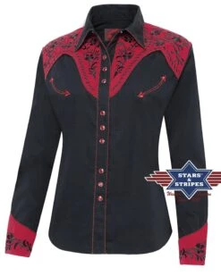 Camisa Negra Moda Western Para Mujer Con Canesú Rojo Y Flores Bordadas -Oeste Vaqueros Tienda DOLLY 1