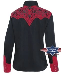 Camisa Negra Moda Western Para Mujer Con Canesú Rojo Y Flores Bordadas