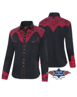 Camisa Negra Moda Western Para Mujer Con Canesú Rojo Y Flores Bordadas -Oeste Vaqueros Tienda DOLLY 5