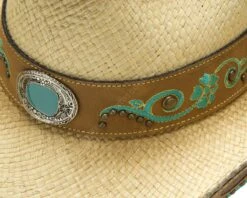 Sombrero Country Para Mujer Paja Natural Con Bordados Y Piedra Verde