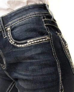 Vaqueros Cowgirl Azul Elástico Estilo Bootcut Con Bordados Y Pedrería En Bolsillos Traseros