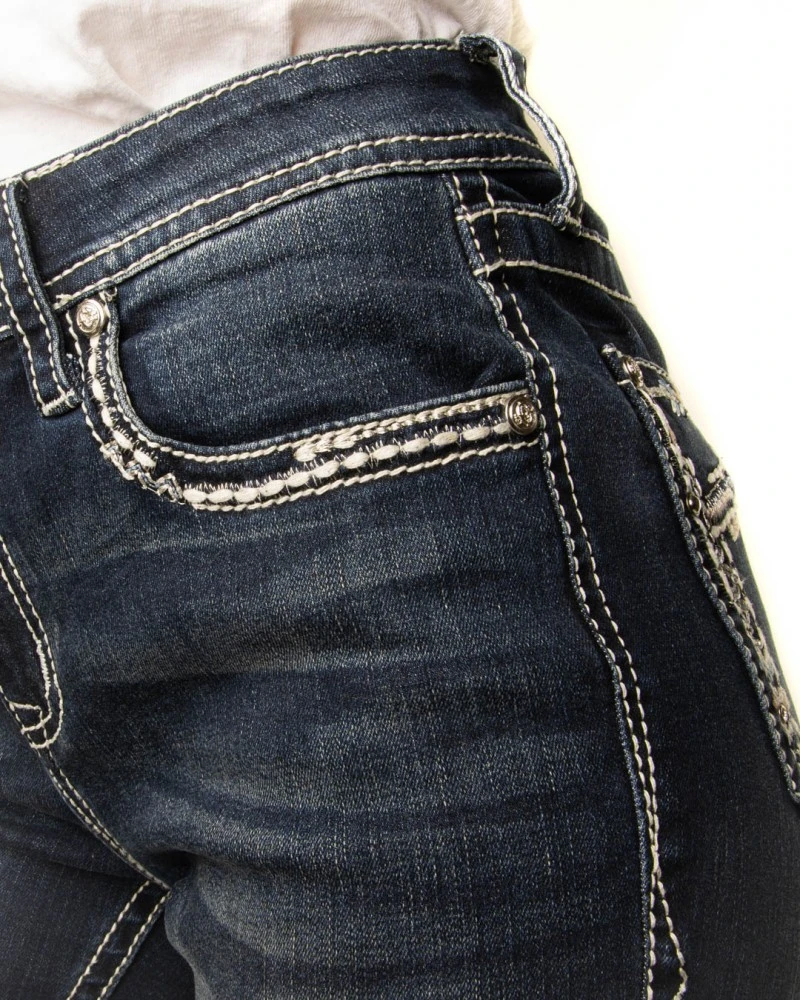 Vaqueros Cowgirl Azul Elástico Estilo Bootcut Con Bordados Y Pedrería En Bolsillos Traseros