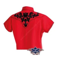 Camisa Roja Bordado Negro Manga Corta Stars & Stripes Para Mujer -Oeste Vaqueros Tienda Ella Espalda