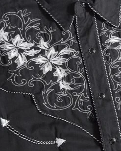 Camisa Western Americana Para Hombre Con Flores Blancas Bordadas