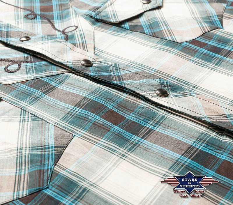 Camisa Cowboy Rayas Turquesa Y Cuadros Arena Para Hombre Manga Larga Y Corta 4 Camisa Cowboy Rayas Turquesa Y Cuadros Arena Para Hombre Manga Larga Y Corta - Imagen 4