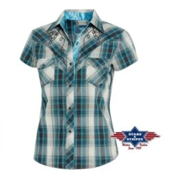 Camisa Cowgirl Verde Turquesa / Arena Con Bordado Lazo Vaquero -Oeste Vaqueros Tienda Josie