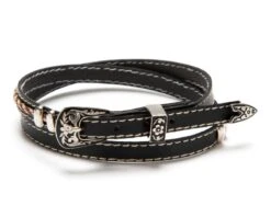 Cinta Cuero Negro Para Sombrero Con Trenzado Dos Tonos Y Pespunte Blanco
