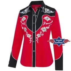 Camisa Cowboy Roja Mujer Manga Larga Con Canesú Negro Y Flores Bordadas Blancas -Oeste Vaqueros Tienda LYNN RED 1 web
