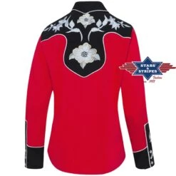 Camisa Cowboy Roja Mujer Manga Larga Con Canesú Negro Y Flores Bordadas Blancas -Oeste Vaqueros Tienda LYNN RED 2 web
