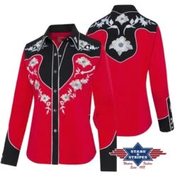 Camisa Cowboy Roja Mujer Manga Larga Con Canesú Negro Y Flores Bordadas Blancas -Oeste Vaqueros Tienda LYNN RED 3 web