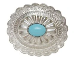 Hebilla Concho Western Brillo Plata Mate Con Piedra Azul Circular